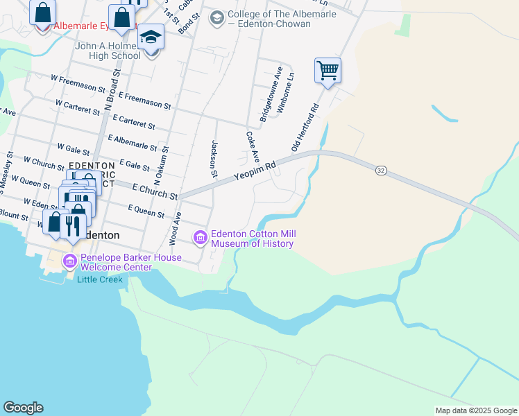 map of restaurants, bars, coffee shops, grocery stores, and more near 215 Lakeside Drive in Edenton