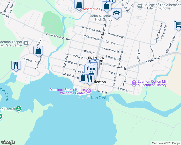map of restaurants, bars, coffee shops, grocery stores, and more near 105a West Queen Street in Edenton