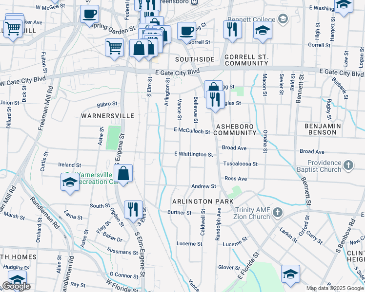 map of restaurants, bars, coffee shops, grocery stores, and more near 923 Vance Street in Greensboro