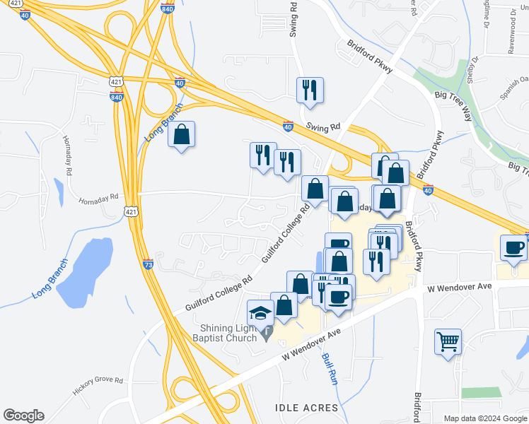 map of restaurants, bars, coffee shops, grocery stores, and more near 5529 Hornaday Road in Greensboro