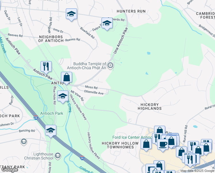 map of restaurants, bars, coffee shops, grocery stores, and more near 125 Antioch Woods Way in Nashville