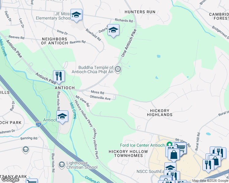map of restaurants, bars, coffee shops, grocery stores, and more near 125 Antioch Woods Way in Nashville