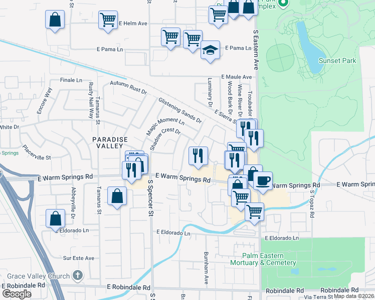 map of restaurants, bars, coffee shops, grocery stores, and more near 7164 Paradise Bay Drive in Las Vegas