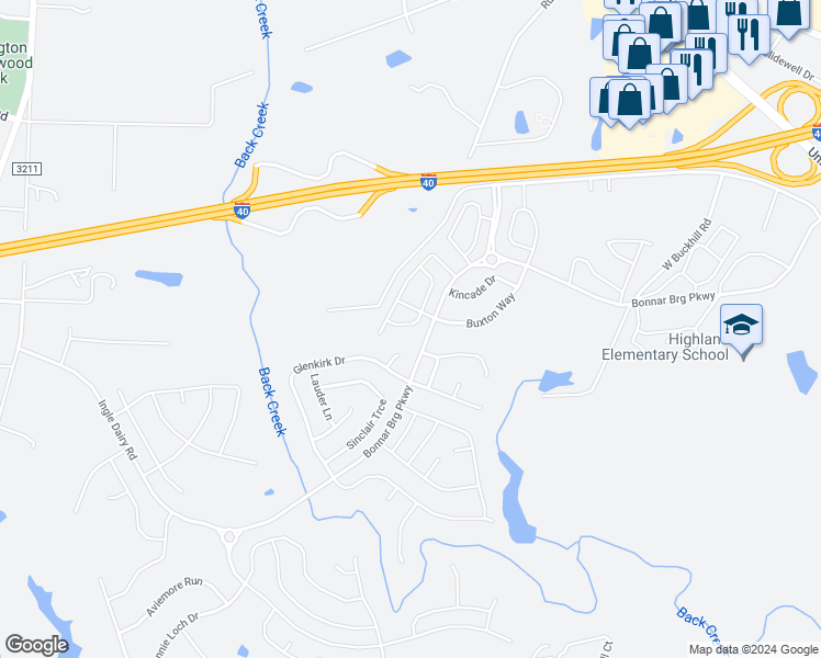 map of restaurants, bars, coffee shops, grocery stores, and more near 1938 Huntley Way in Burlington