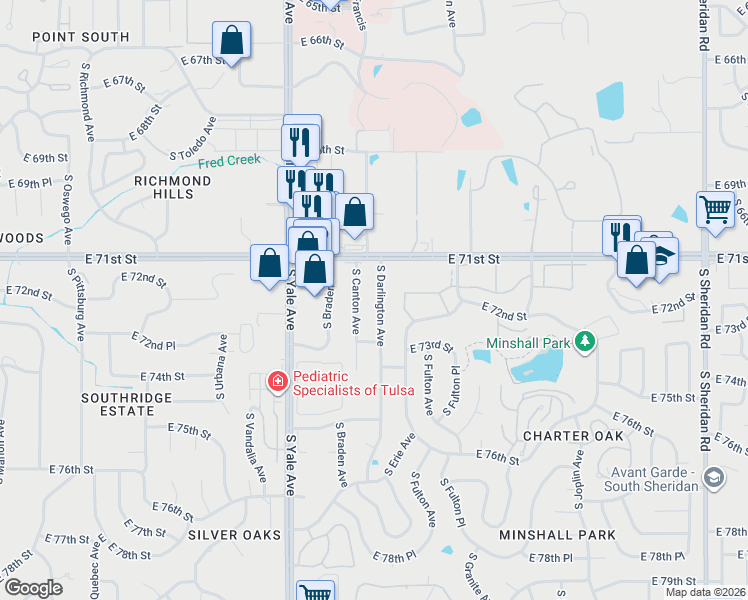 map of restaurants, bars, coffee shops, grocery stores, and more near 7121 South Canton Avenue in Tulsa