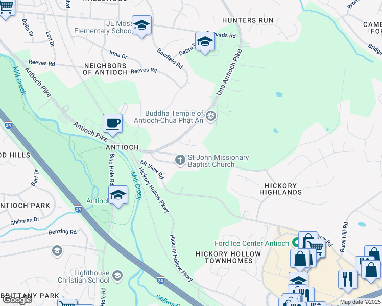 map of restaurants, bars, coffee shops, grocery stores, and more near 113 Antioch Woods Way in Nashville