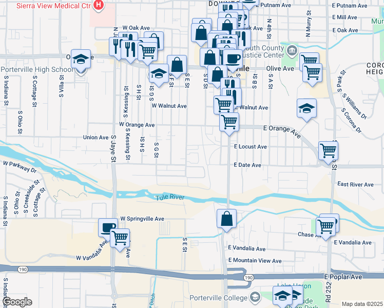map of restaurants, bars, coffee shops, grocery stores, and more near 358 South E Street in Porterville