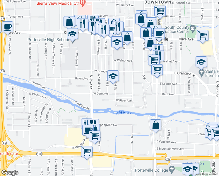 map of restaurants, bars, coffee shops, grocery stores, and more near 364 South H Street in Porterville