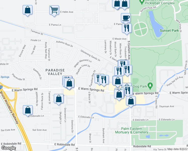 map of restaurants, bars, coffee shops, grocery stores, and more near 7164 Paradise Bay Drive in Las Vegas