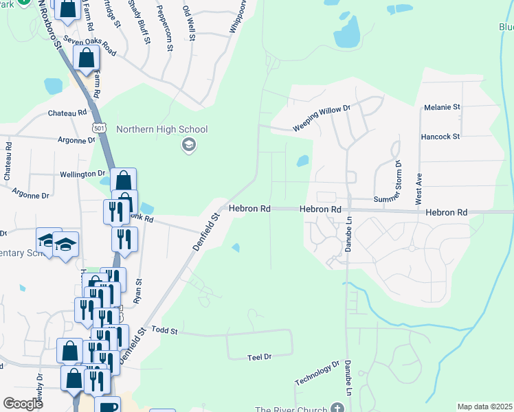 map of restaurants, bars, coffee shops, grocery stores, and more near 301 Hebron Road in Durham