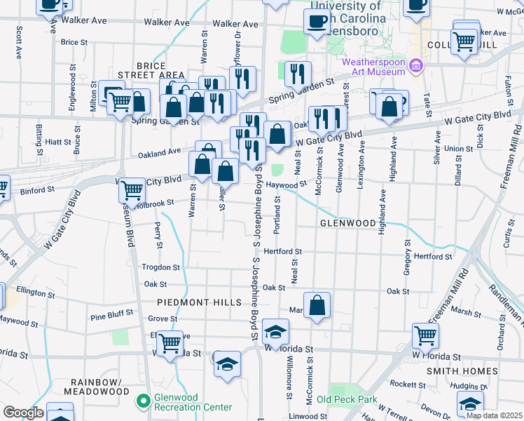 map of restaurants, bars, coffee shops, grocery stores, and more near 1005 South Josephine Boyd Street in Greensboro