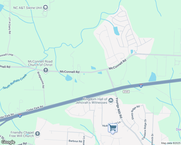 map of restaurants, bars, coffee shops, grocery stores, and more near McConnell Road in Greensboro