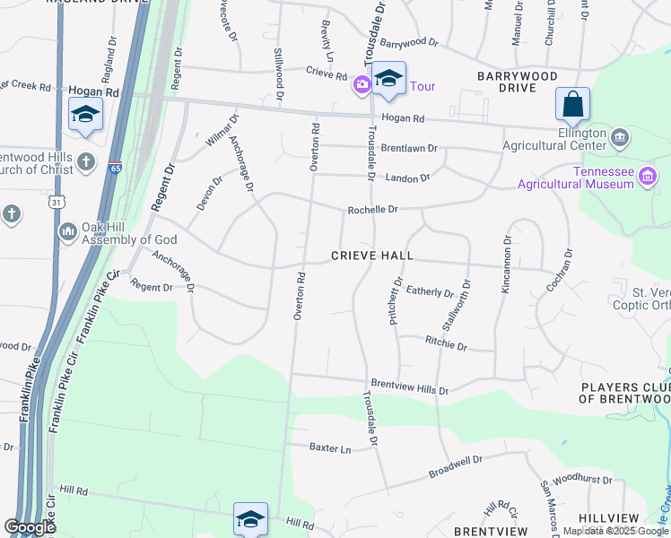 map of restaurants, bars, coffee shops, grocery stores, and more near 521 Oakley Drive in Nashville