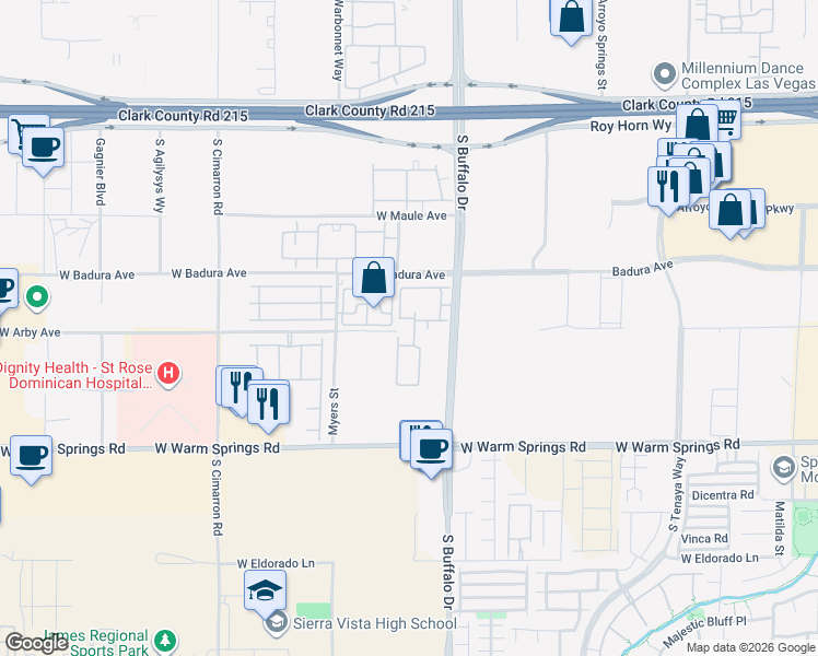 map of restaurants, bars, coffee shops, grocery stores, and more near 7017 South Buffalo Drive in Las Vegas