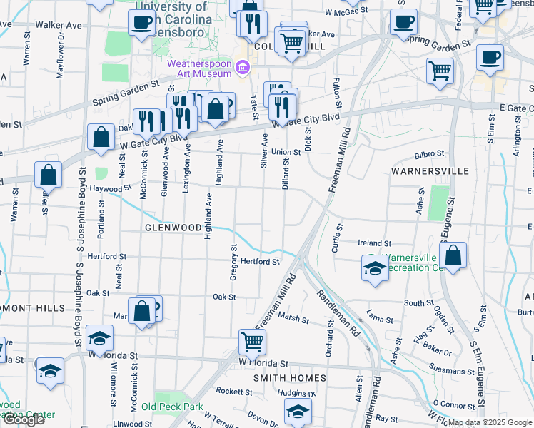 map of restaurants, bars, coffee shops, grocery stores, and more near 917 Silver Avenue in Greensboro