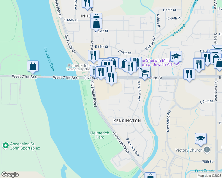 map of restaurants, bars, coffee shops, grocery stores, and more near 1406 East 71st Street in Tulsa