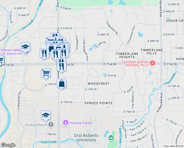 map of restaurants, bars, coffee shops, grocery stores, and more near 2616 East 71st Place in Tulsa
