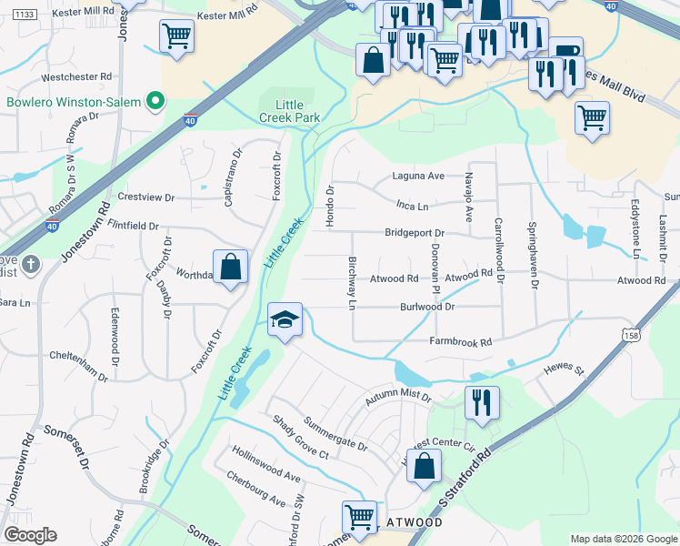 map of restaurants, bars, coffee shops, grocery stores, and more near 2900 Stonekirk Court in Winston-Salem