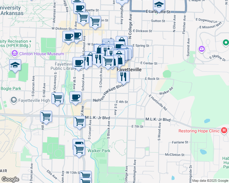 map of restaurants, bars, coffee shops, grocery stores, and more near 204 South East Avenue in Fayetteville