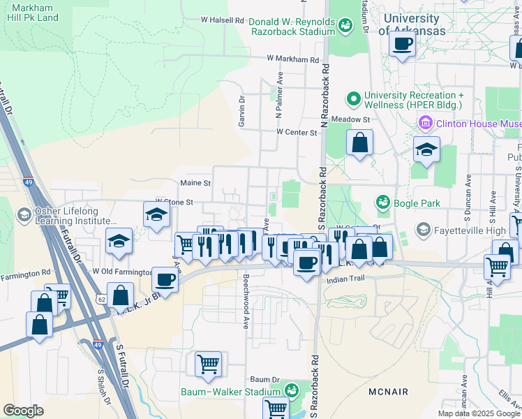 map of restaurants, bars, coffee shops, grocery stores, and more near 280 Eastern Avenue in Fayetteville