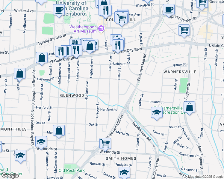 map of restaurants, bars, coffee shops, grocery stores, and more near 917 Silver Avenue in Greensboro