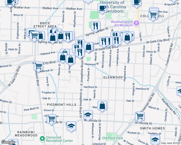map of restaurants, bars, coffee shops, grocery stores, and more near 915 Portland Street in Greensboro