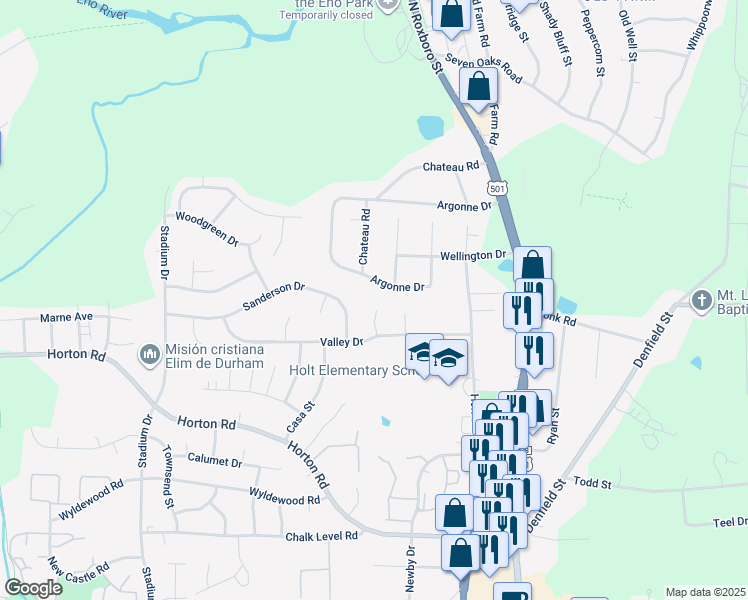 map of restaurants, bars, coffee shops, grocery stores, and more near 15 Williams Way in Durham