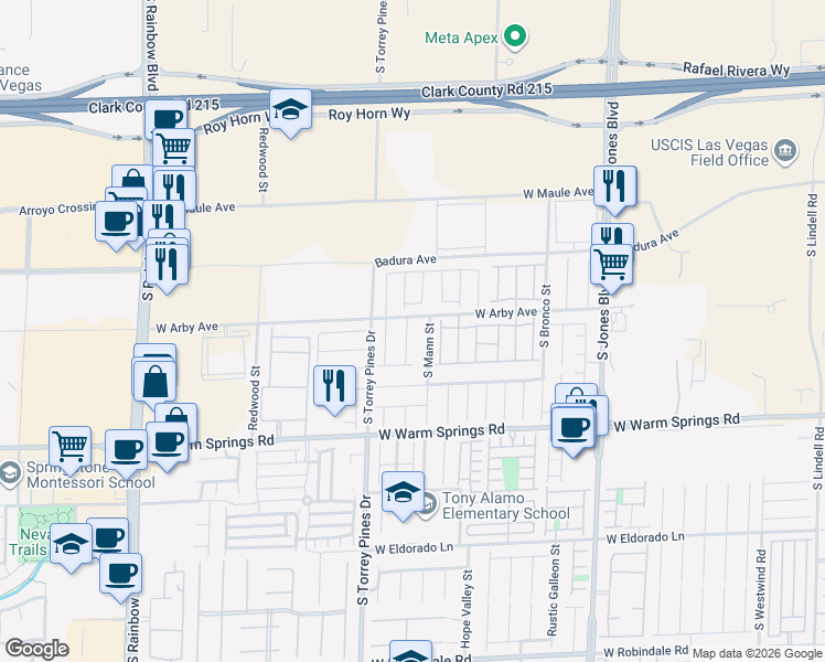 map of restaurants, bars, coffee shops, grocery stores, and more near 7103 South Mann Street in Las Vegas