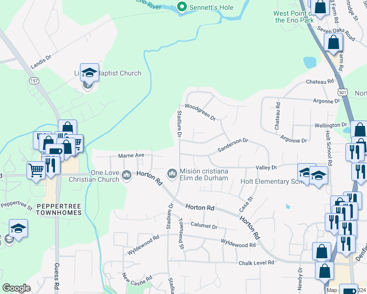 map of restaurants, bars, coffee shops, grocery stores, and more near 2704 Stadium Drive in Durham