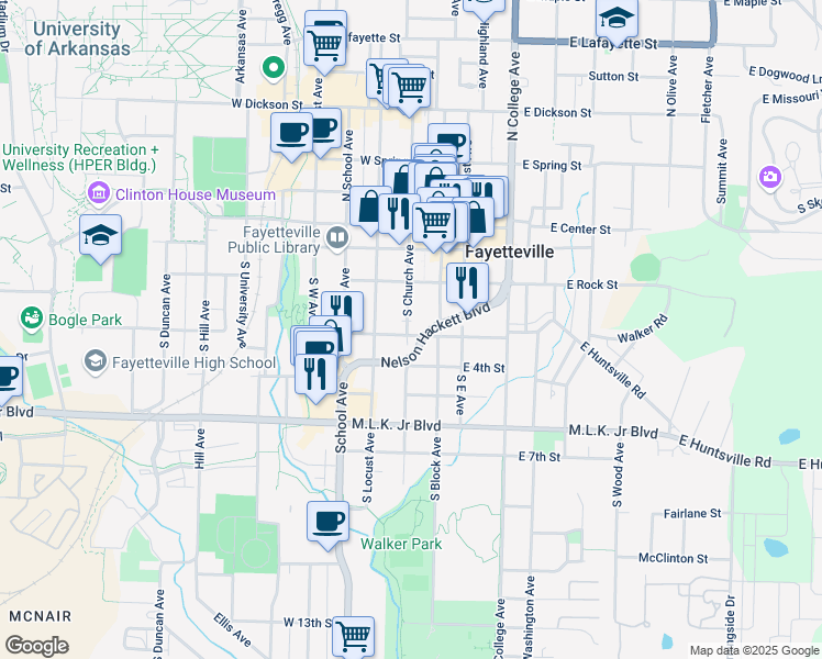 map of restaurants, bars, coffee shops, grocery stores, and more near 227 S Church Ave in Fayetteville