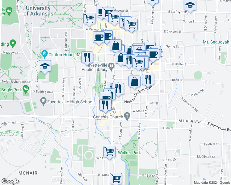 map of restaurants, bars, coffee shops, grocery stores, and more near in Fayetteville