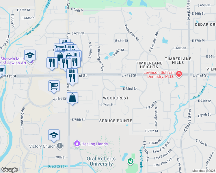map of restaurants, bars, coffee shops, grocery stores, and more near 2616 East 71st Place in Tulsa