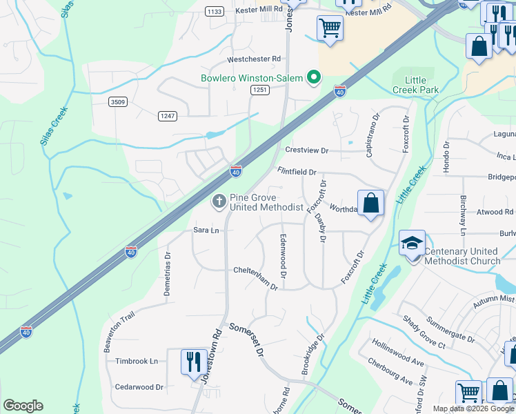 map of restaurants, bars, coffee shops, grocery stores, and more near 145 Preston Downs Way in Winston-Salem