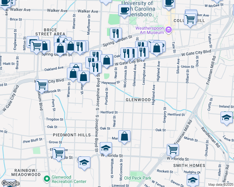 map of restaurants, bars, coffee shops, grocery stores, and more near 913 Neal Street in Greensboro