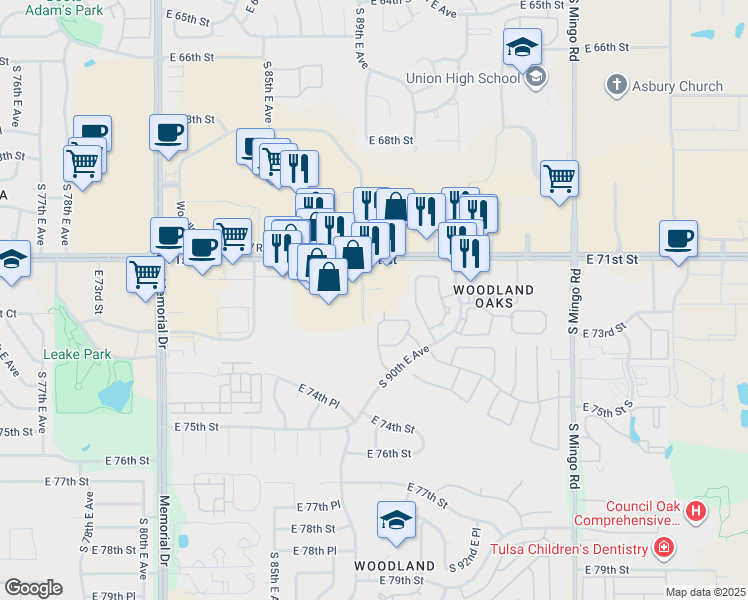map of restaurants, bars, coffee shops, grocery stores, and more near 9006 East 71st Street in Tulsa