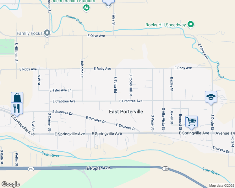 map of restaurants, bars, coffee shops, grocery stores, and more near 356 South Tulsa Road in Porterville