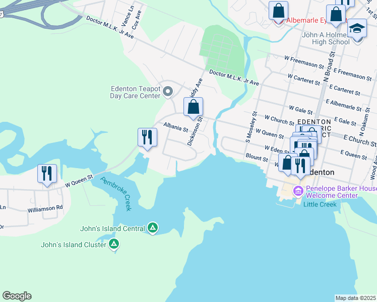 map of restaurants, bars, coffee shops, grocery stores, and more near 200 Queen Anne Drive in Edenton