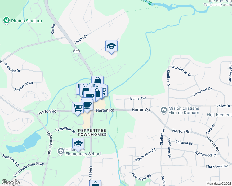 map of restaurants, bars, coffee shops, grocery stores, and more near 1340 Marne Avenue in Durham