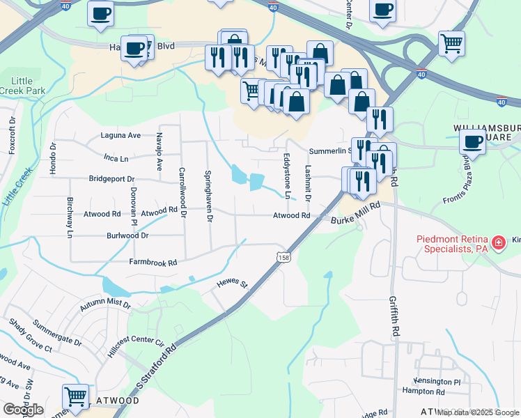 map of restaurants, bars, coffee shops, grocery stores, and more near 2441 Atwood Road in Winston Salem