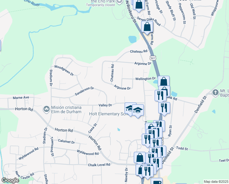 map of restaurants, bars, coffee shops, grocery stores, and more near 15 Williams Way in Durham