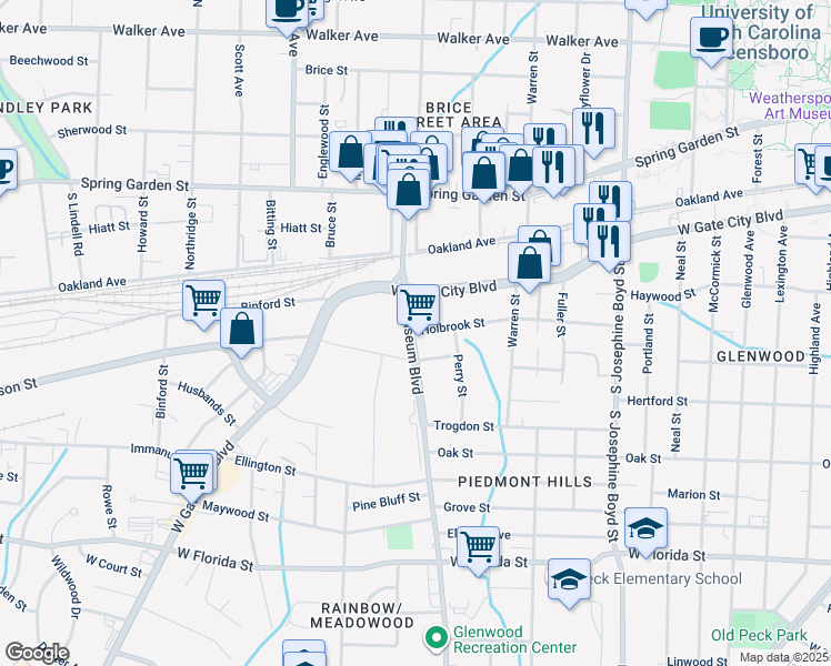 map of restaurants, bars, coffee shops, grocery stores, and more near 1011 Coliseum Boulevard in Greensboro