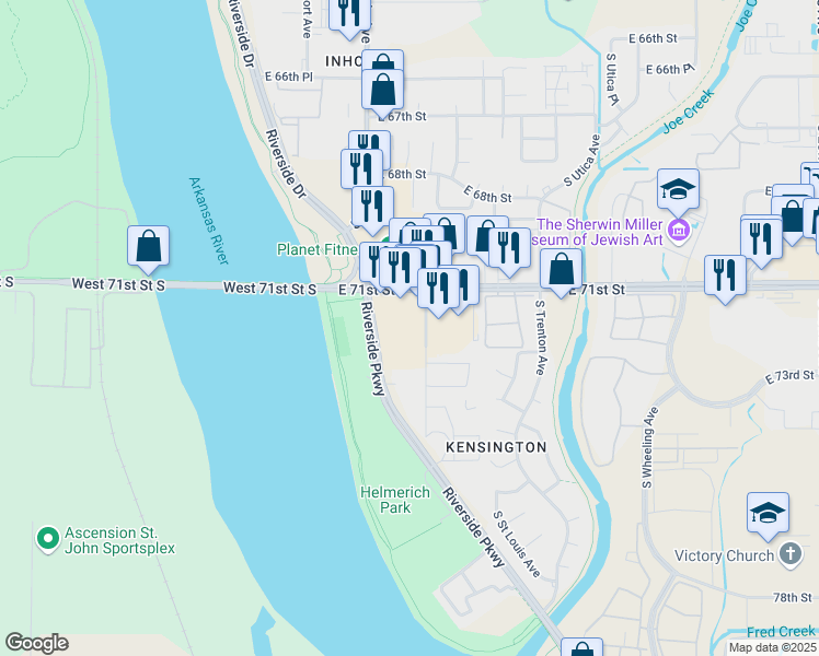 map of restaurants, bars, coffee shops, grocery stores, and more near 1330 East 71st Street in Tulsa