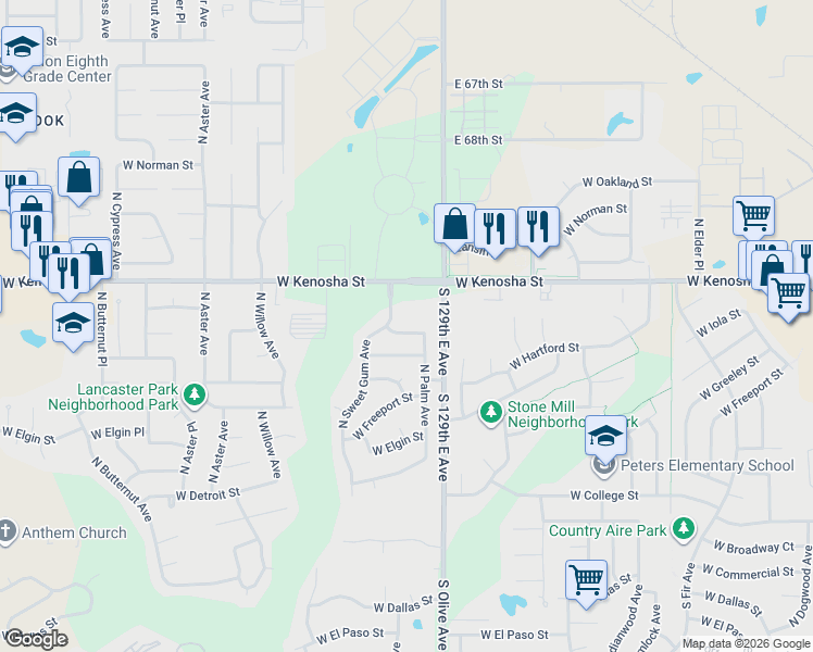 map of restaurants, bars, coffee shops, grocery stores, and more near 802 North Sweet Gum Avenue in Broken Arrow