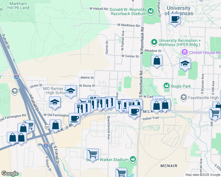 map of restaurants, bars, coffee shops, grocery stores, and more near 280 Lewis Avenue in Fayetteville