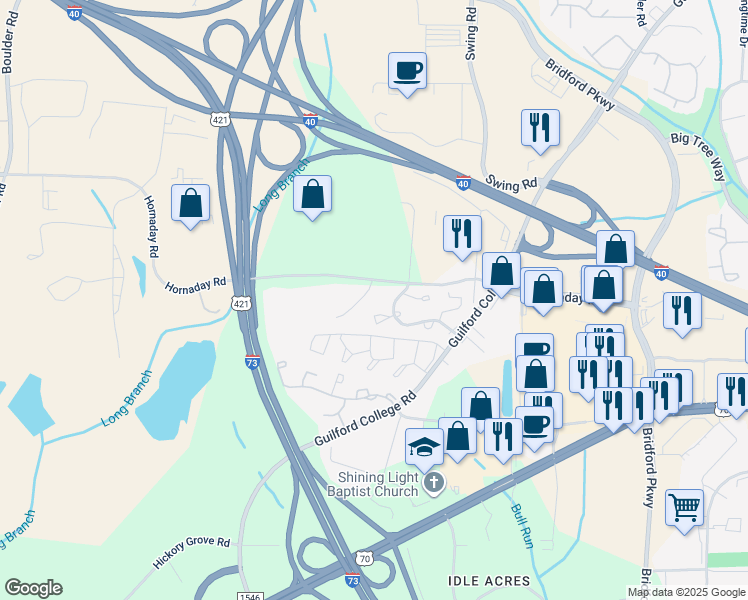 map of restaurants, bars, coffee shops, grocery stores, and more near 5515 Hornaday Road in Greensboro