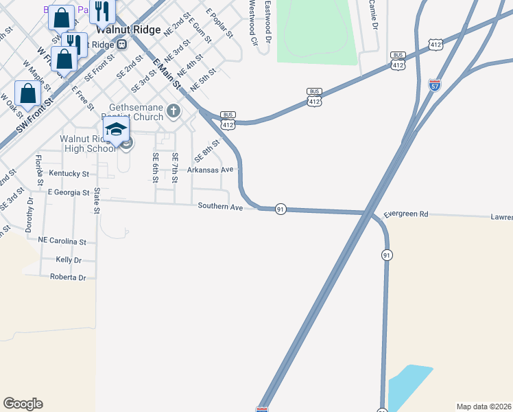 map of restaurants, bars, coffee shops, grocery stores, and more near 2417 Arkansas 91 in Walnut Ridge