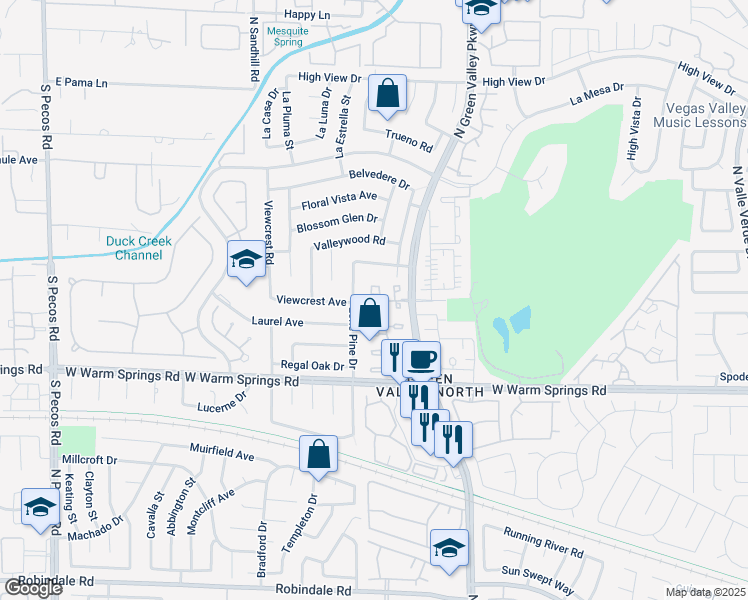 map of restaurants, bars, coffee shops, grocery stores, and more near 3151 La Mancha Way in Henderson
