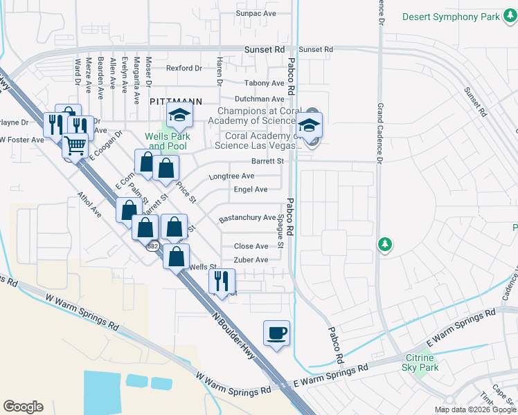 map of restaurants, bars, coffee shops, grocery stores, and more near 532 East Rolly Street in Henderson