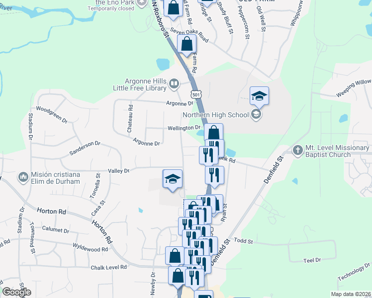 map of restaurants, bars, coffee shops, grocery stores, and more near 106 Barenwood Circle in Durham
