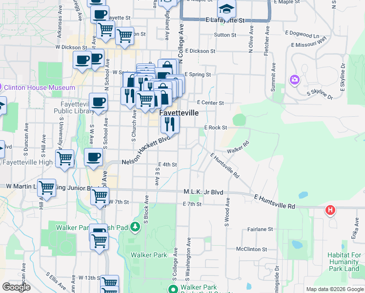 map of restaurants, bars, coffee shops, grocery stores, and more near 210 Nelson Hackett Boulevard in Fayetteville
